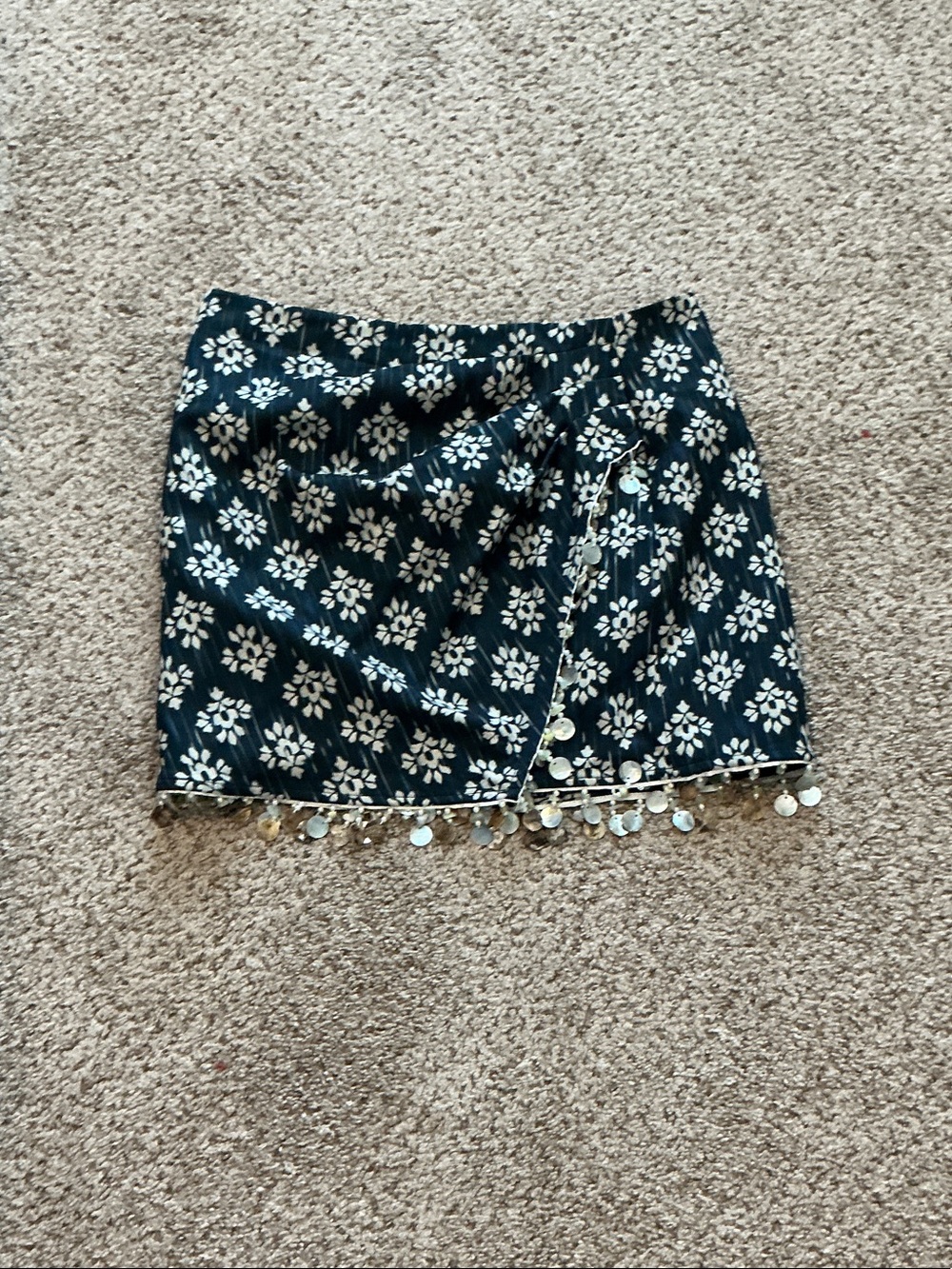 Zara Black Floral Mini Skirt with Silver Coin Fringe